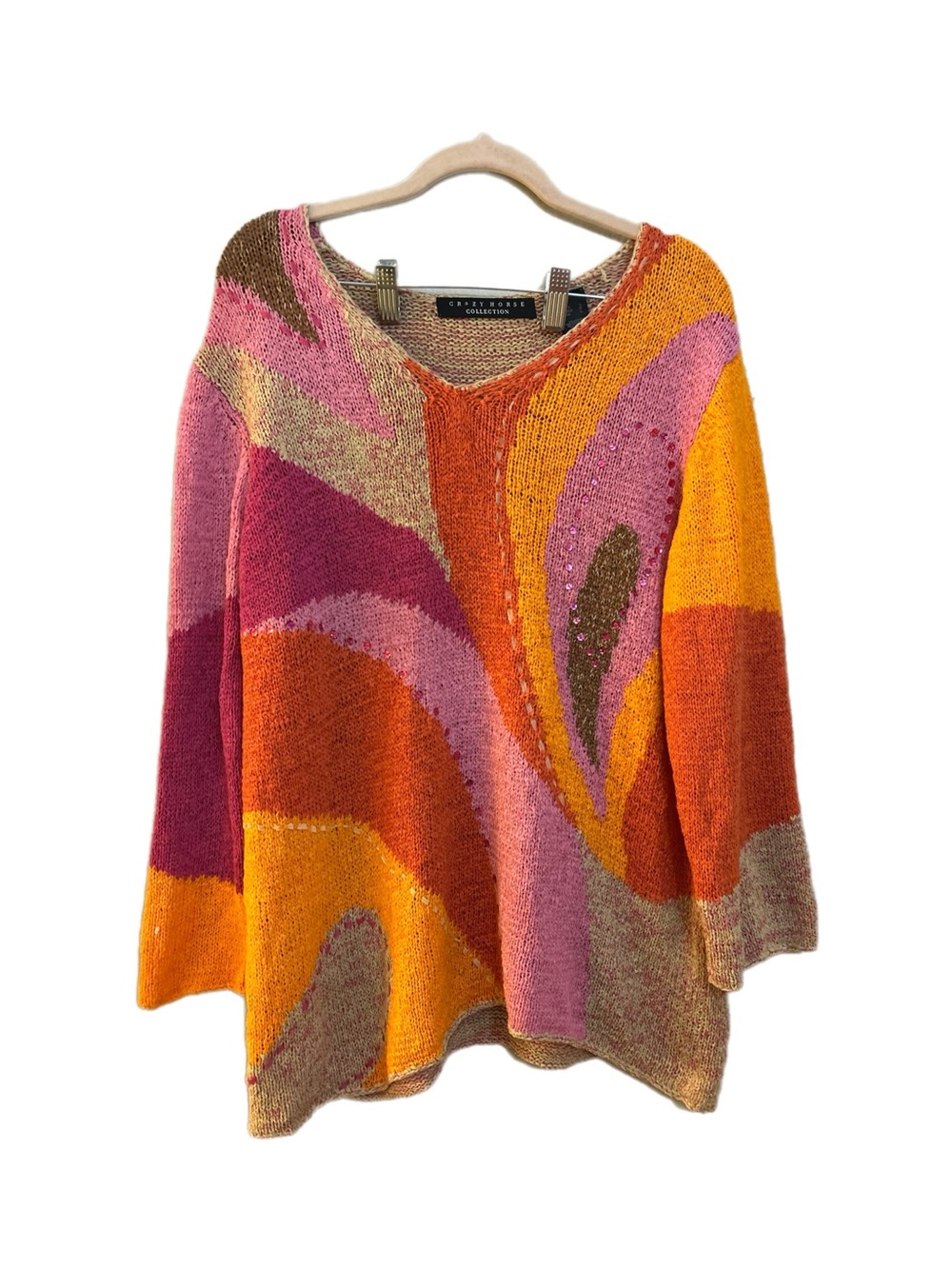 Vintage Crazy Horse Abstract Knit Sweater Oversized 90s Groovy Sequined Size L